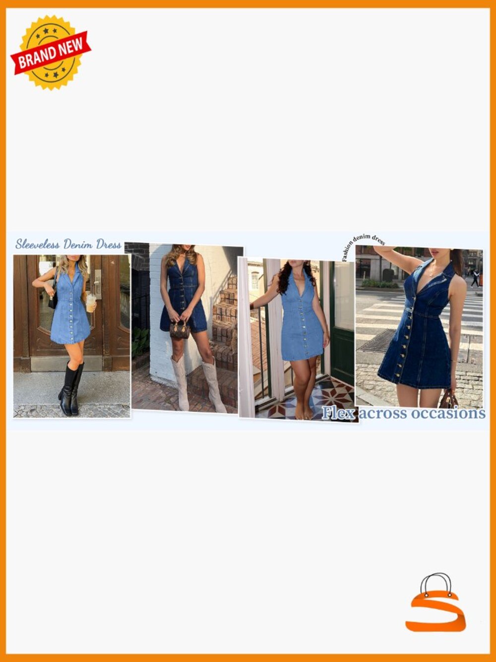Sleeveless Button Down Denim Dress A-Line Mini Romper - Picture 6 of 7